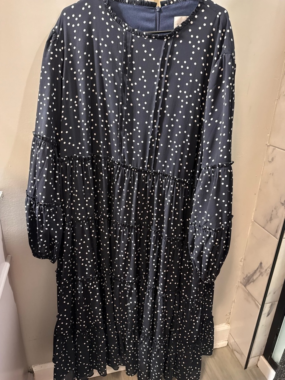 Navy Polka Dot Tiered Long Sleeve Dress